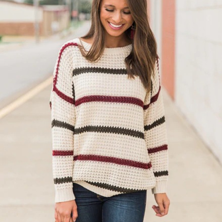

Autumn And Winter Fashion All-match Round Neck Striped Sweater Comfortable Pullover Sweater (Color:Stripe Size:S)