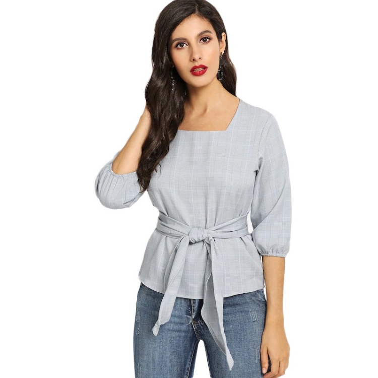 

Check Belted Top Blouse T-shirt (Color:Grey Size:S)