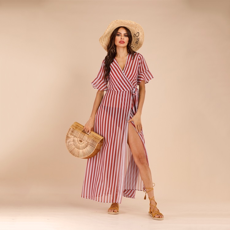 

Striped V-neck Lace Short Sleeve Dress (Color:Watermelon Red Size:S)