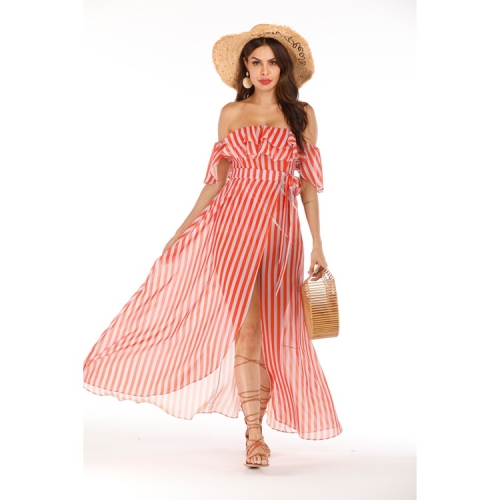 

One-shoulder Ruffled Pleated Lace-up Striped Dress (Color:Red Size:S)