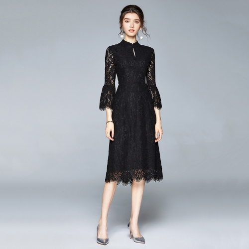 

Early Autumn Temperament Lace Lotus Leaf Sleeve Dress (Color:Black Size:S)