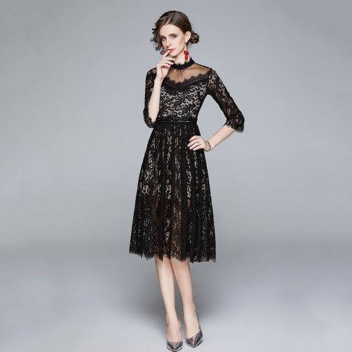 

Temperament Stitching Net Yarn Chain Link Lace Dress (Color:Black Size:S)