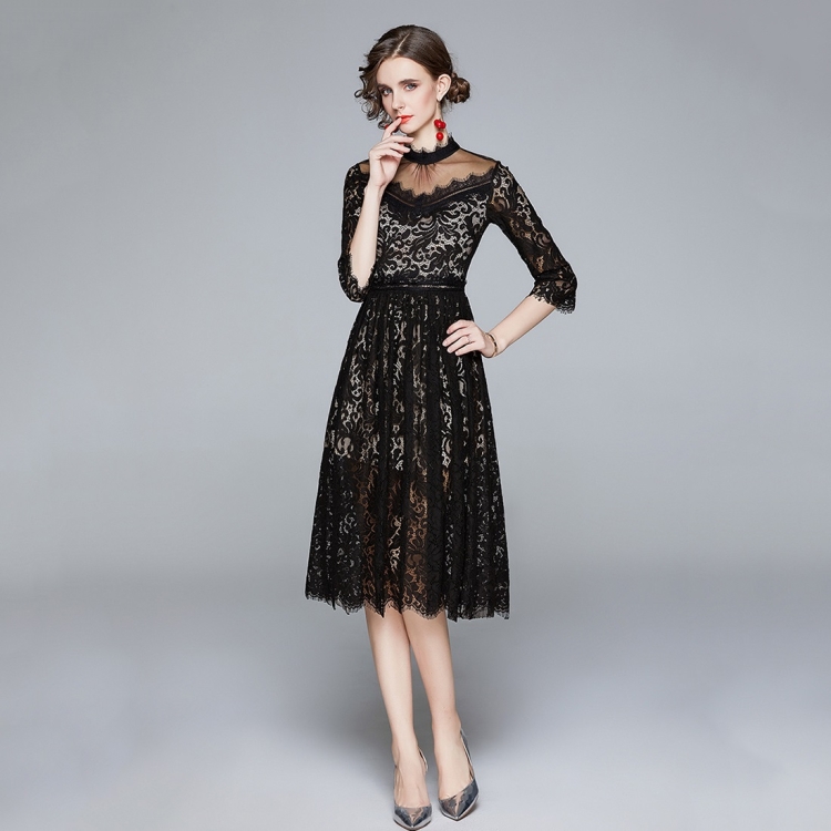 

Temperament Stitching Net Yarn Chain Link Lace Dress (Color:Black Size:L)