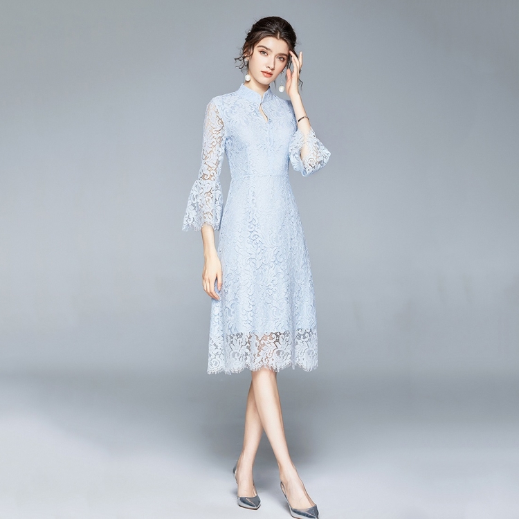 

Fashion Lace Ruffled Sleeve Mid-length Dress (Color:Baby Blue Size:S)
