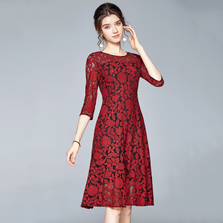 

Round Neck Printed Lace Three-quarter Sleeves Mid-length Dress (Color:Red Size:XXL)