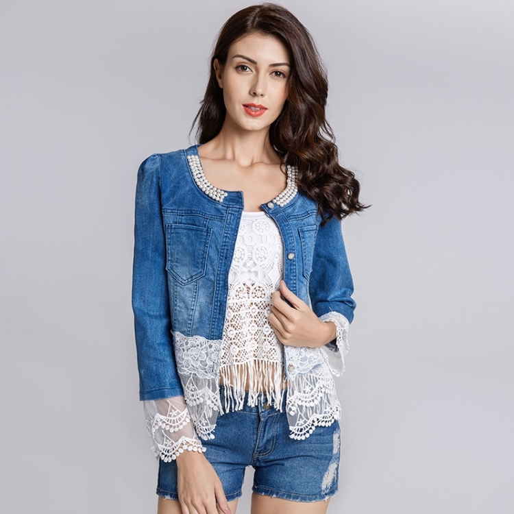 

Lace Panel Denim Jacket (Color:Blue Size:S)