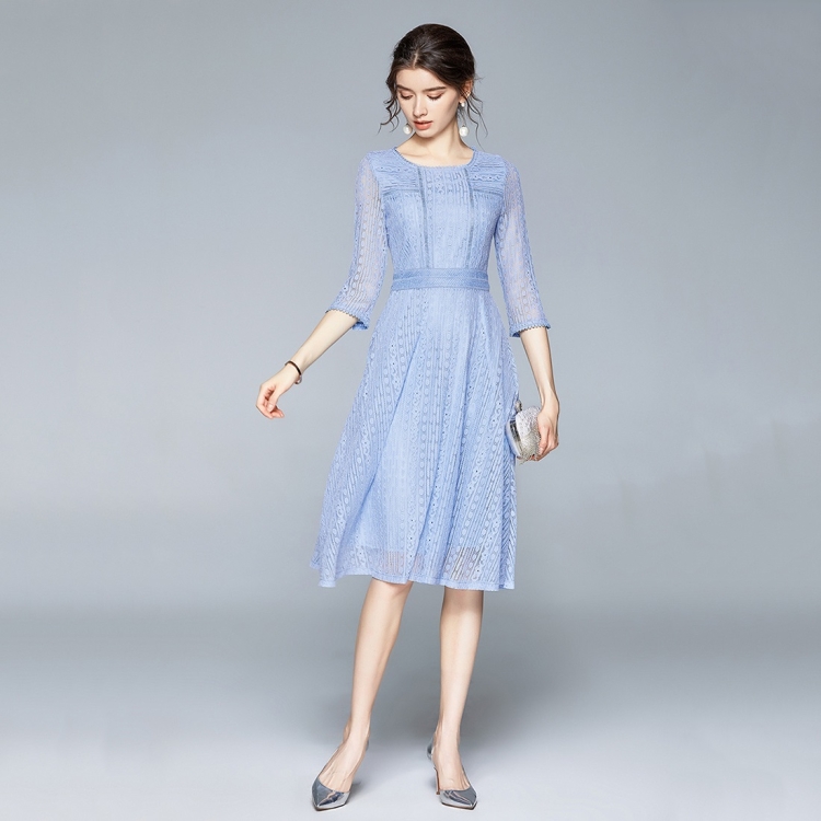 

All-match Boat Neck Lace Mid-length Dress With Waist (Color:Baby Blue Size:L)