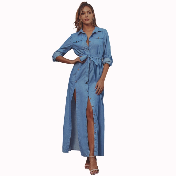 

High Waist Slit Long Denim Dress (Color:Blue Size:S)