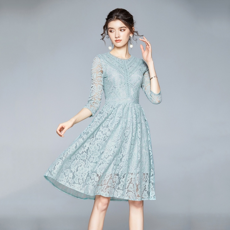 

Lace Round Neck Lace All-match Waist Dress (Color:Green Size:S)