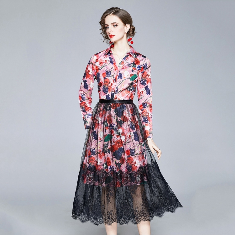 

Fashion V-neck Lace Printed Splicing Long Sleeve Dress (Color:Decor Size:S)