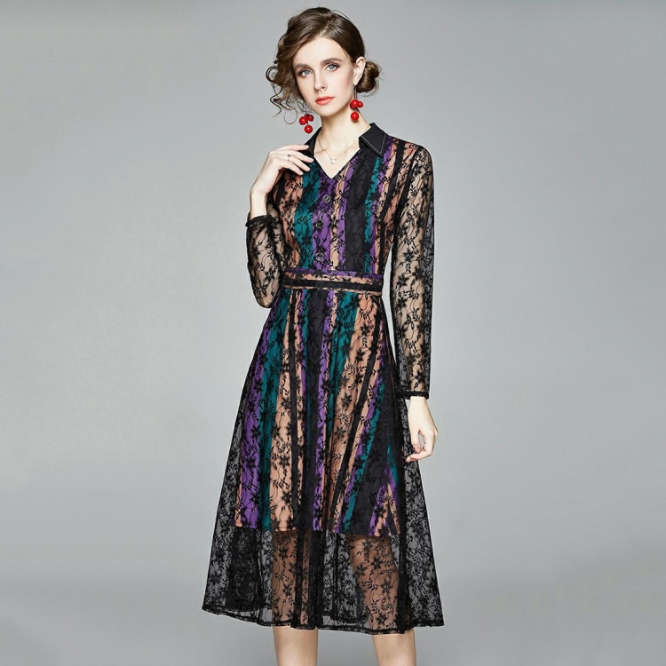 

Fashion V-neck Lace Fighting Waist Dress (Color:Decor Size:S)