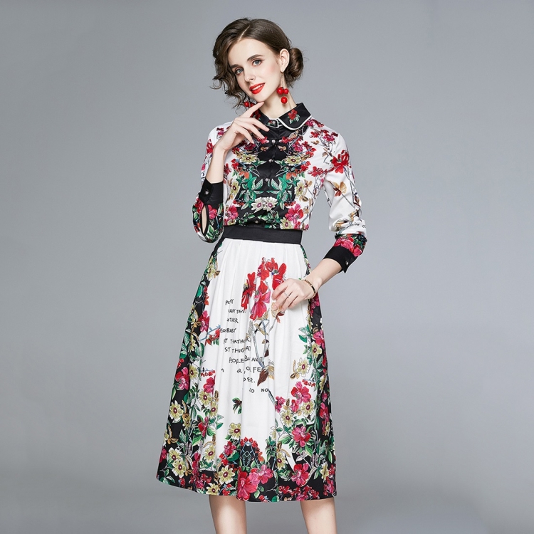 

Lapel All-match Fashion Print Dress (Color:Decor Size:S)