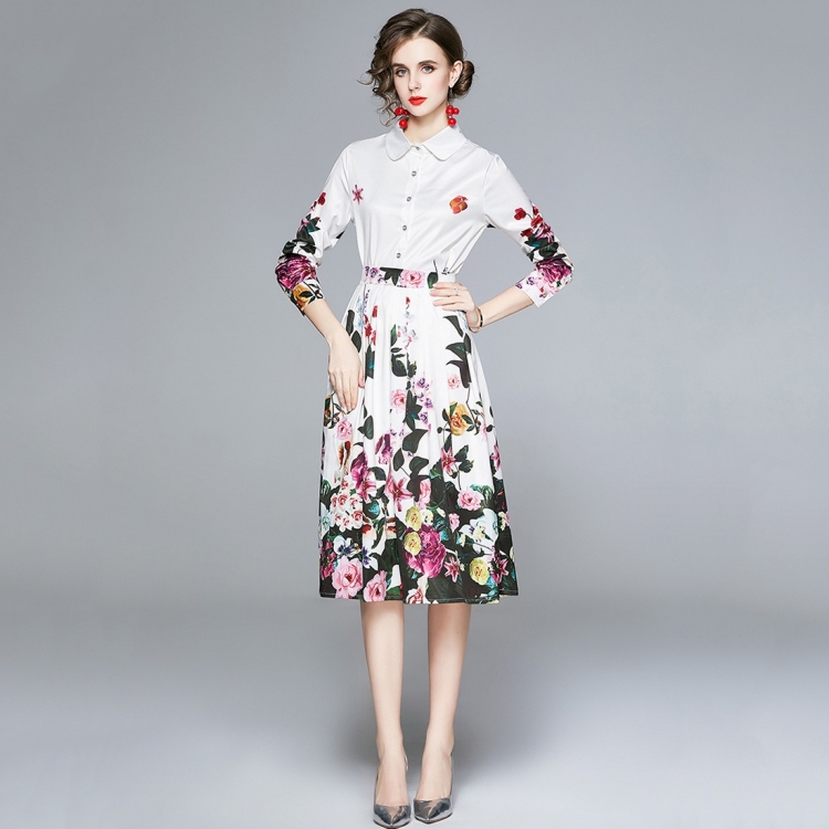 

Fashion All-match Elegant Lapel Print Dress (Color:Decor Size:XXL)