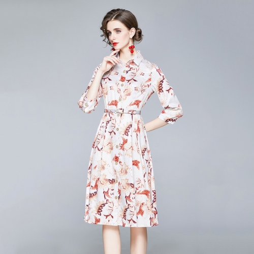 

Fashion Lapel Printed Long Waist Dress (Color:Decor Size:XL)