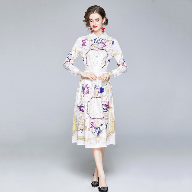 

Fashion Waist Lapel Print Long Sleeve Dress (Color:Decor Size:M)