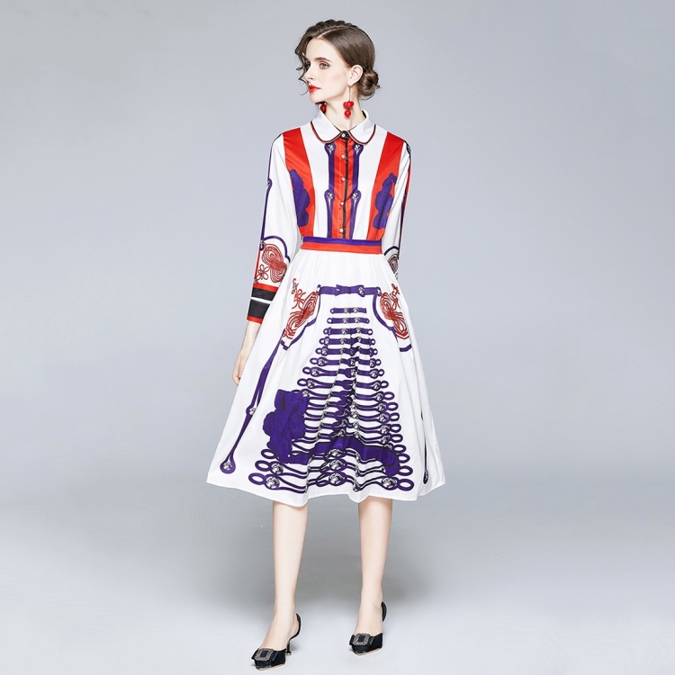 

Fashion Slim Lapel Printed Long Sleeve Dress (Color:Decor Size:S)