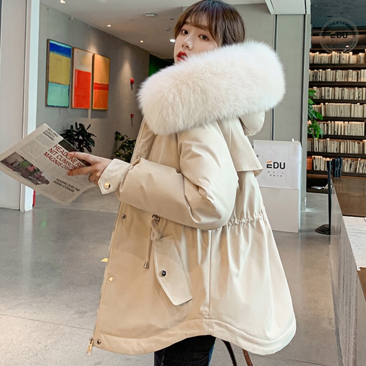

Large Fur Collar Down Jacket Parker Coat Loose Coat (Color:Beige Size:XL)