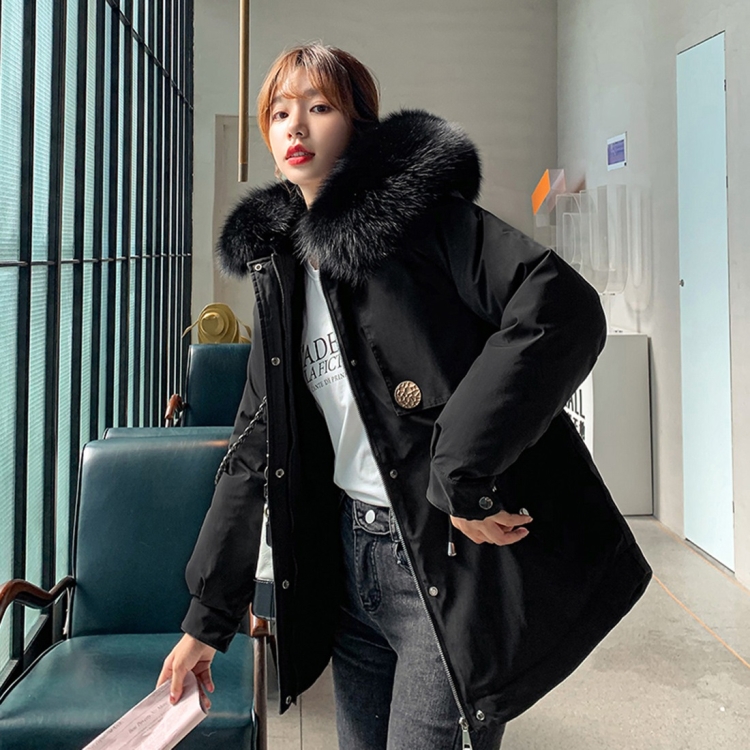 

Large Fur Collar Down Jacket Parker Coat Loose Coat (Color:Black Size:XL)