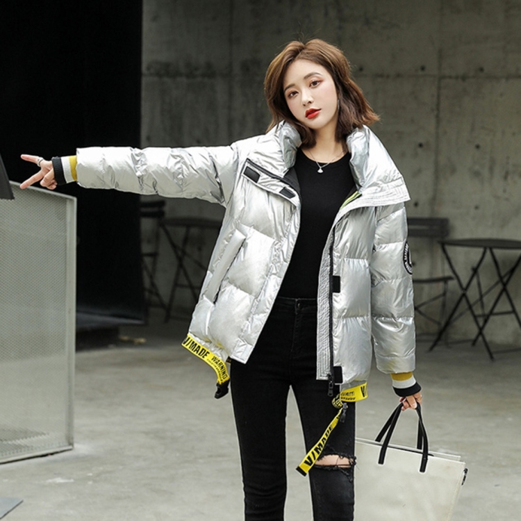 

Down Jacket Cotton Jacket Thickened Bright Face Student Small Stand-up Collar Was Thin Cotton Jacket (Color:Silver White Size:L)