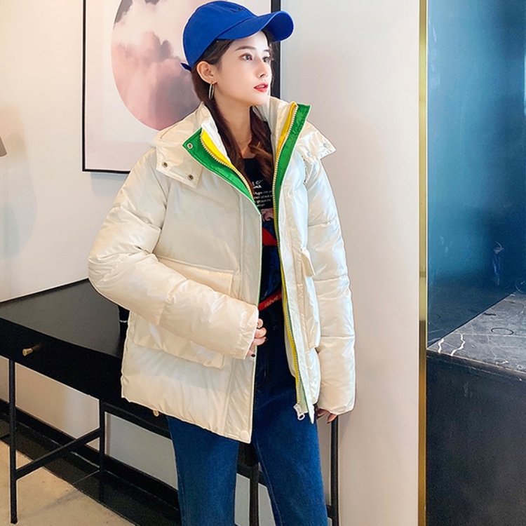 

Down Jacket Cotton Jacket Short Hooded Shiny Bread Jacket Cotton Jacket (Color:Beige Size:XL)