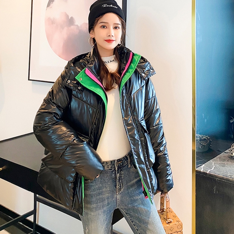 

Down Jacket Cotton Jacket Short Hooded Shiny Bread Jacket Cotton Jacket (Color:Black Size:L)