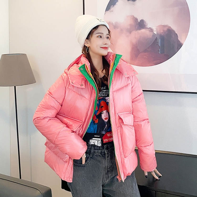 

Down Jacket Cotton Jacket Short Hooded Shiny Bread Jacket Cotton Jacket (Color:Pink Size:L)