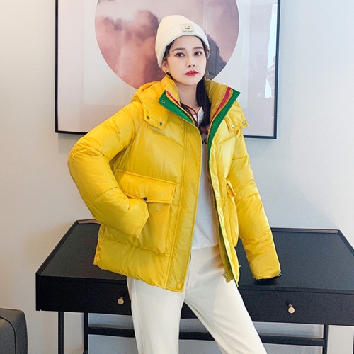

Down Jacket Cotton Jacket Short Hooded Shiny Bread Jacket Cotton Jacket (Color:Yellow Size:L)