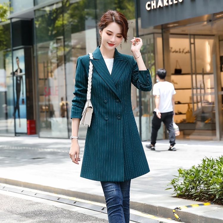 

Suit Collar Tie Waistband Waist Slit Windbreaker Long Cardigan Jacket (Color:Navy Blue Size:XXXXXL)