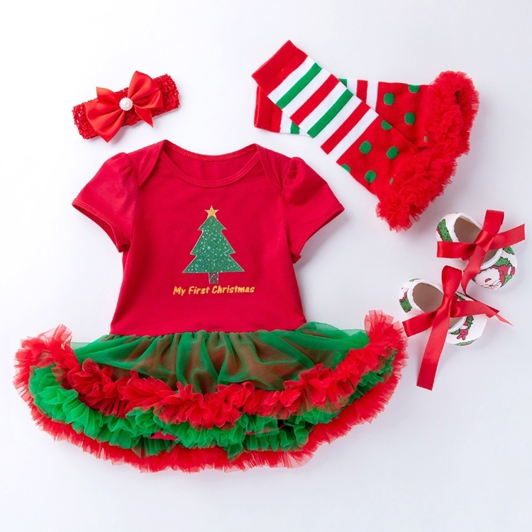 

Baby Christmas Clothes Short-sleeved Cartoon Print Lace Dress Four-piece (Color:Christmas Tree Size:59)