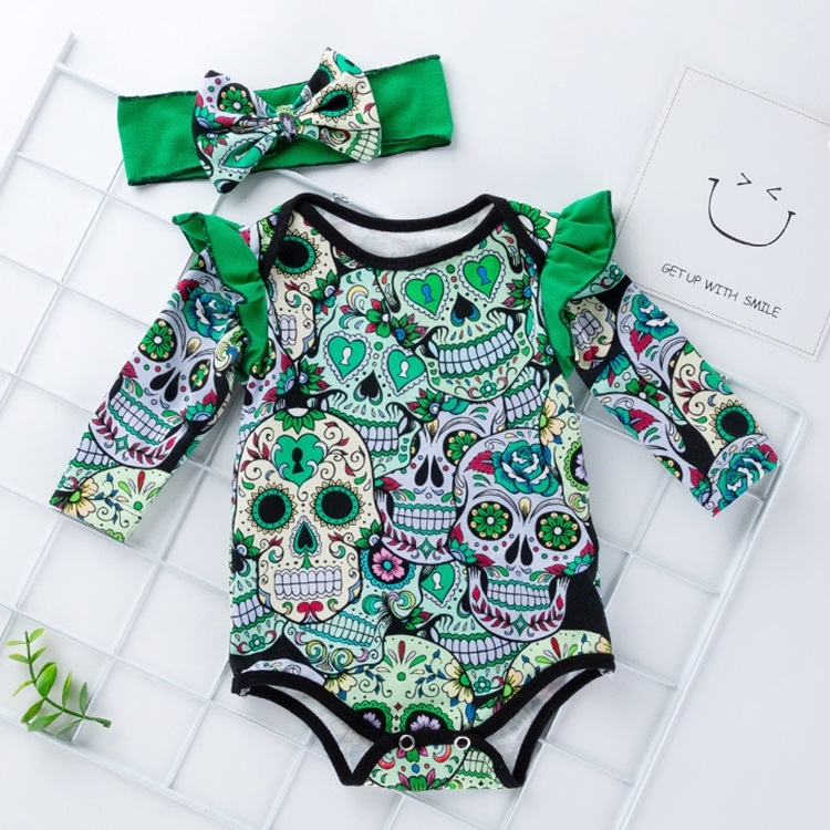 

Halloween Long-sleeved Skull Print Childrens Clothing Infant Baby Clothes One-piece Clothing (Color:Green Size:59)