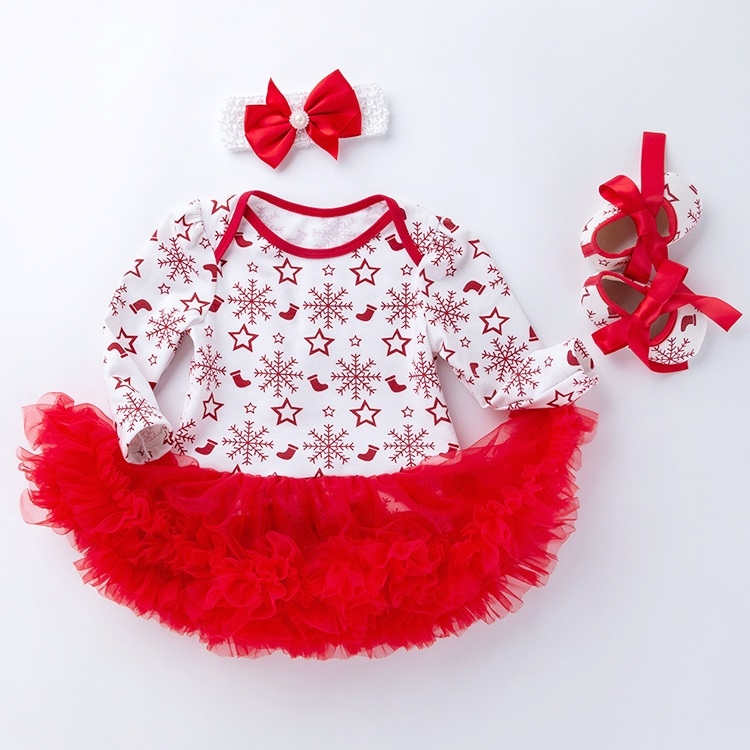 

Baby Long Sleeve Cartoon Romper Net Yarn Tutu Three-piece Childrens Wear (Color:Snowflakes Size:59)