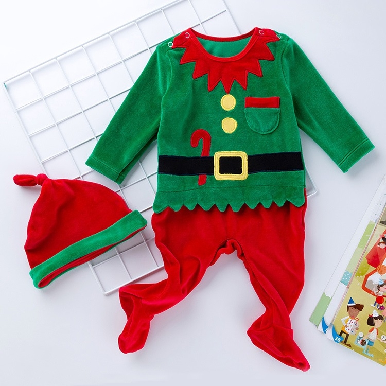 

Christmas Baby Long-sleeved Cartoon Santa Claus Jumpsuit Hat Two-piece (Color:Green Size:59)