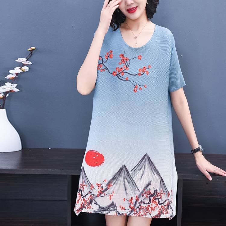 

Pleated Round Neck Loose Large Size Dress Landscape Painting Print Dress (Color:Blue Size:Free Size)