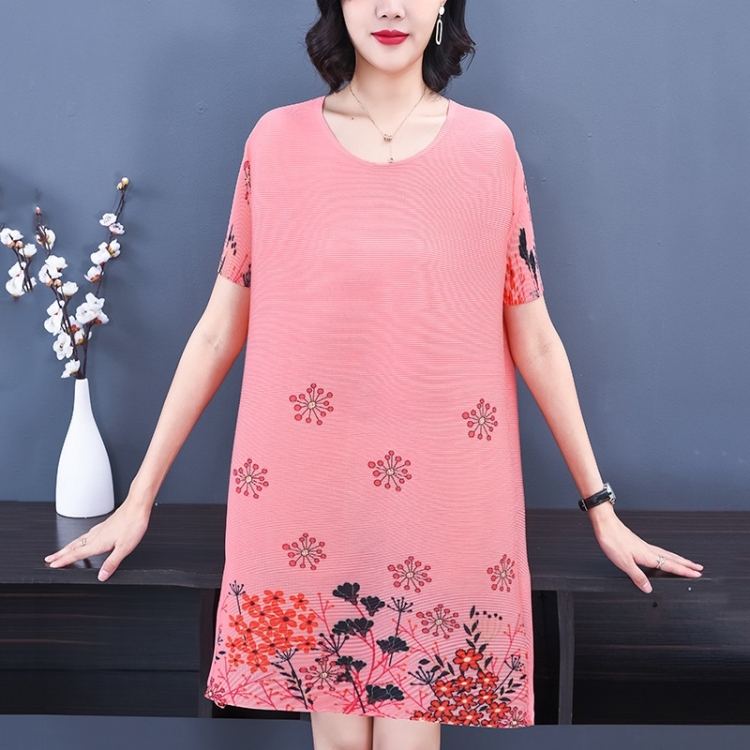

Pleated Round Neck Loose Large Size Dress Floral Print Dress (Color:Watermelon Red Size:Free Size)