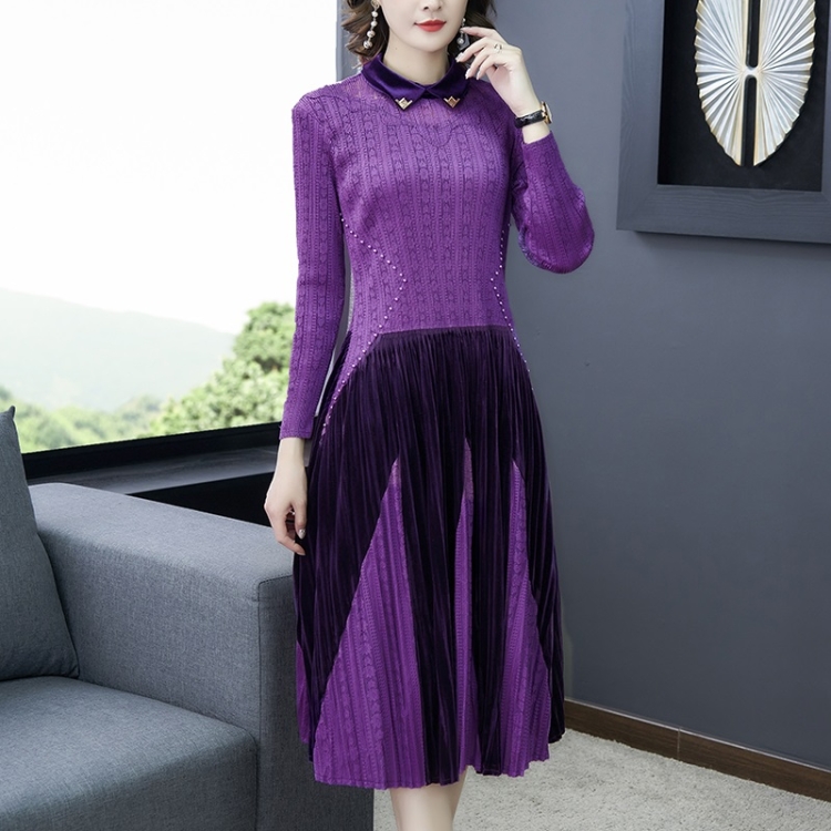 

Loose Mesh Dress Flannel Stitching Long-sleeved A-line Dress (Color:Purple Size:Free Size)