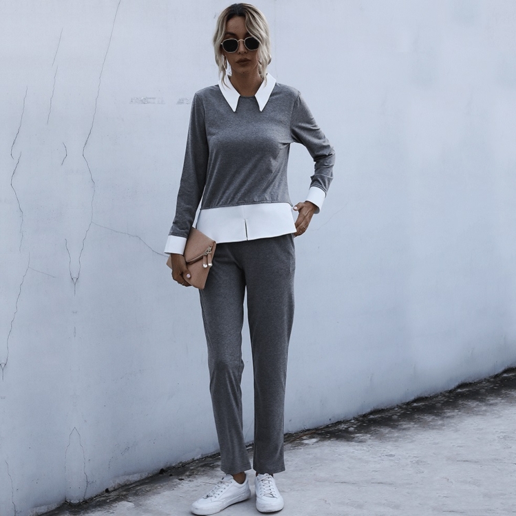 

Fashion Set Of Slim Fit Contrast Color Casual Jacket Trousers Two-piece Suit (Color:Grey Size:S)