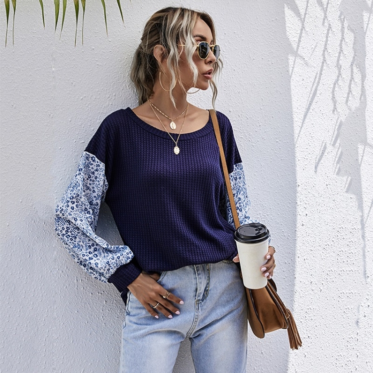 

Contrasting Casual Sweater Loose Round Neck Printed Sweater (Color:Royal Blue Size:S)