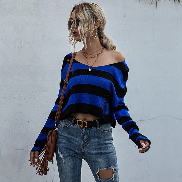

Striped Casual Short Sweater Loose Sexy V-neck Versatile Sweater (Color:Blue Size:S)