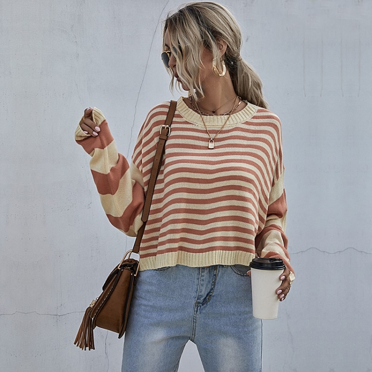 

Striped Hit Color Casual Short Sweater Loose Round Neck Sweater (Color:Orange Size:S)