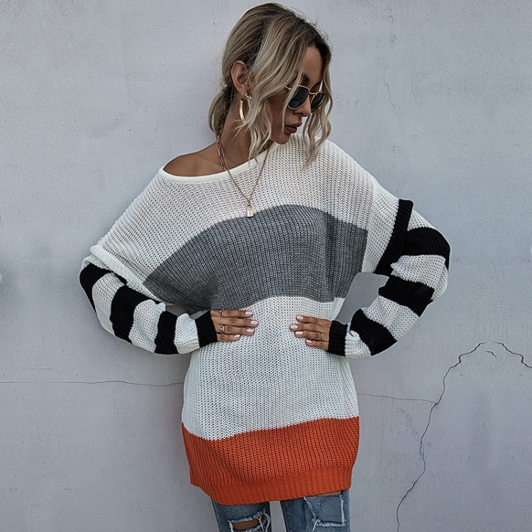 

Striped Contrast Color Casual Mid-length Sweater Loose Sweater (Color:Gray-orange Size:L)