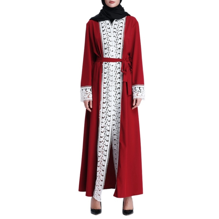 

Women Muslim Lacing Cardigan Long Dress (Color:Red Size:M)