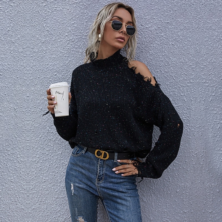 

High Collar Ripped Casual Sweater Loose Round Neck Sweater (Color:Black Size:S)