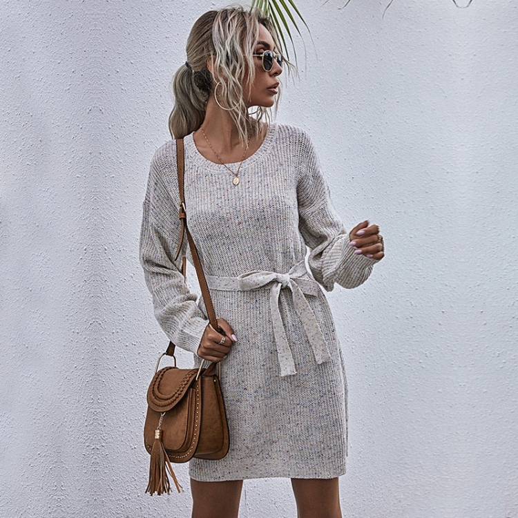 

Mid-length Lace-up Sweater Dress Loose Round Neck Casual Sweater (Color:Beige Size:S)