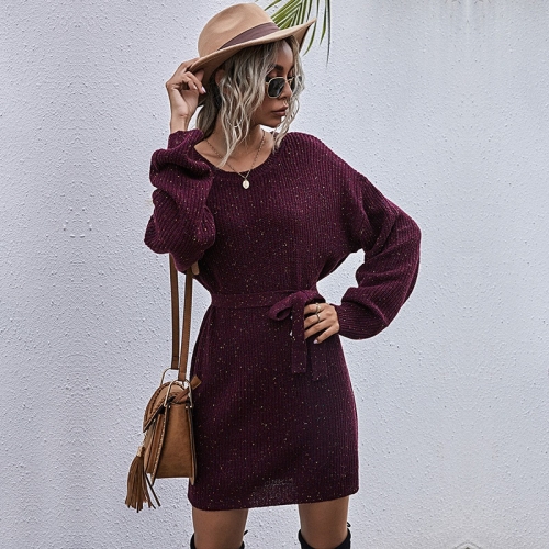 

Mid-length Lace-up Sweater Dress Loose Round Neck Casual Sweater (Color:Wine Red Size:L)