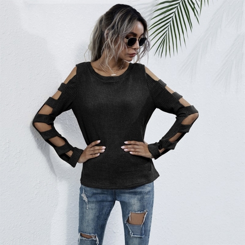 

Hollow Casual Sweater Slim Round Neck Sweater (Color:Black Size:S)