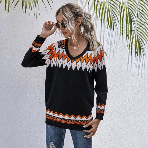 

Contrasting Geometric Casual Sweater Women Loose V-neck Sweater (Color:Black Size:S)