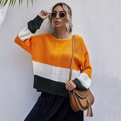 

Three-color Stitching Casual Sweater Loose Round Neck All-match Sweater (Color:Yellow Size:L)