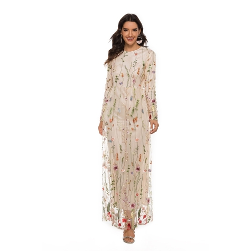 

Women Muslim Lace Embroidery Flower Long Dress (Color:Beige Size:S)