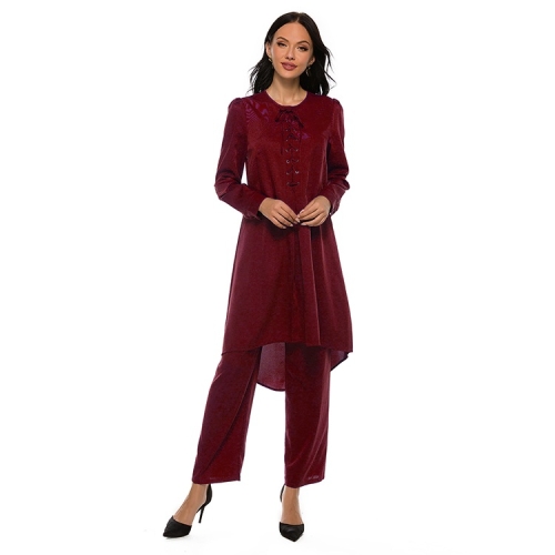 

Women Ethnic Style Muslim Lacing Top Pants Suit (Color:Wine Red Size:M)