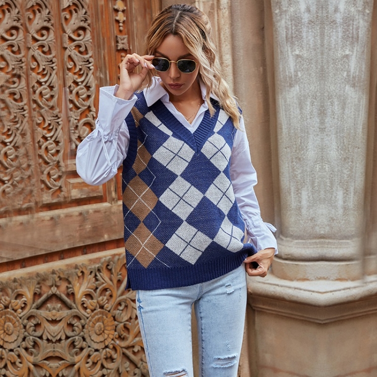 

Plaid Contrast Knit Vest Slim V-neck Sweater (Color:Royal Blue Size:S)